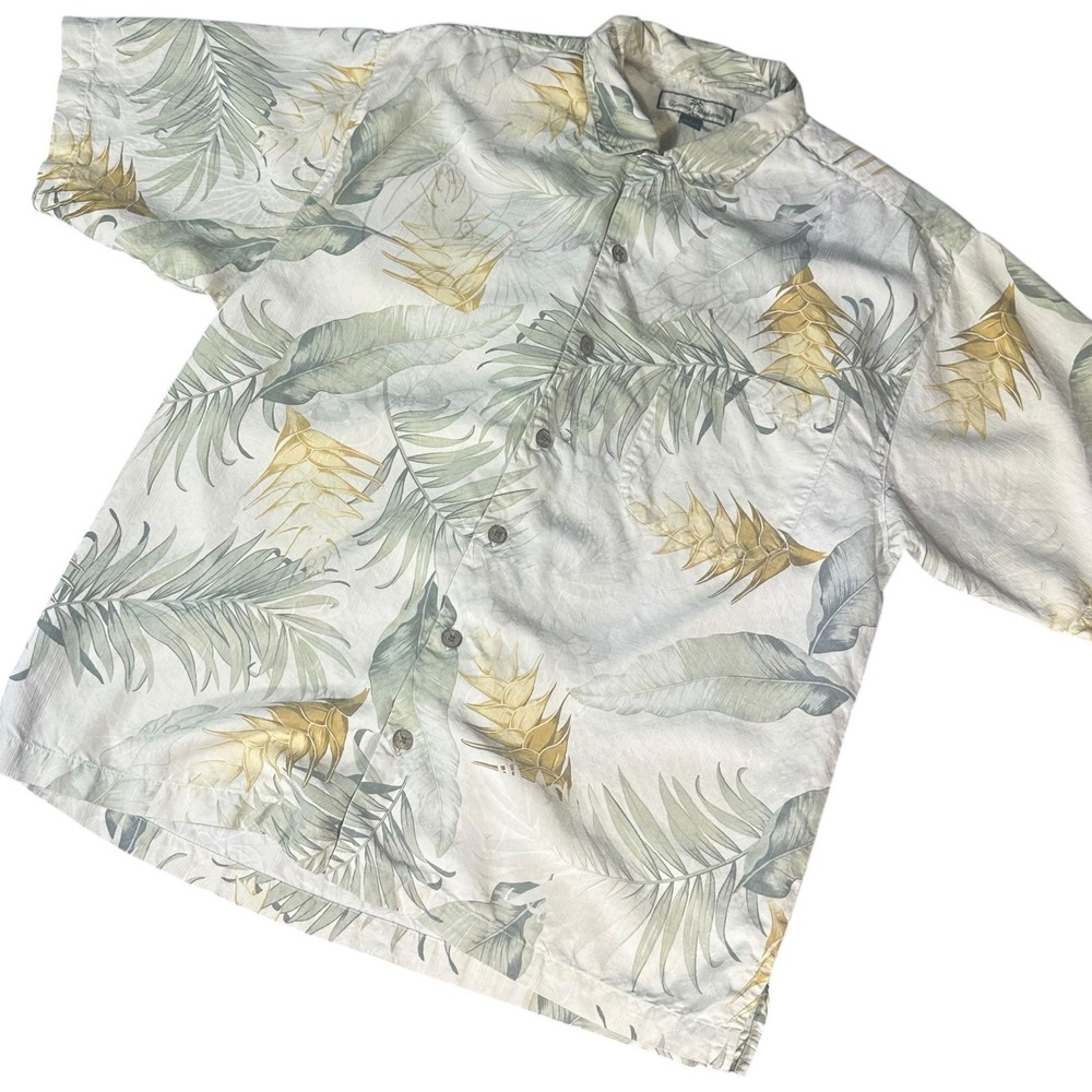 Tommy Bahama Camp Shirt Mens Large White Silk Tropical Leaf Print Relaxed